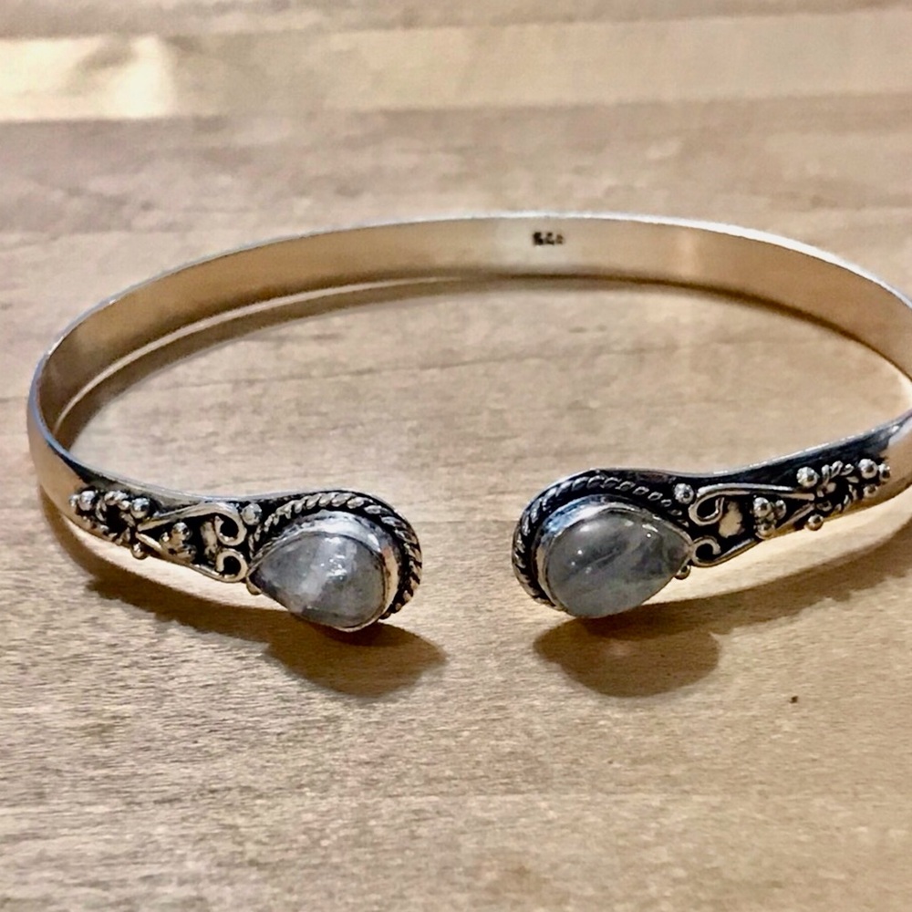Elegant Dainty Moonstone Bangle Bracelet - 925 Plated/Stamped